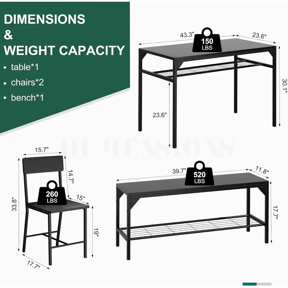 4-Piece Dining Set with Bench and Chairs, Kitchen Table Set for Small Spaces, Metal Frame, Black