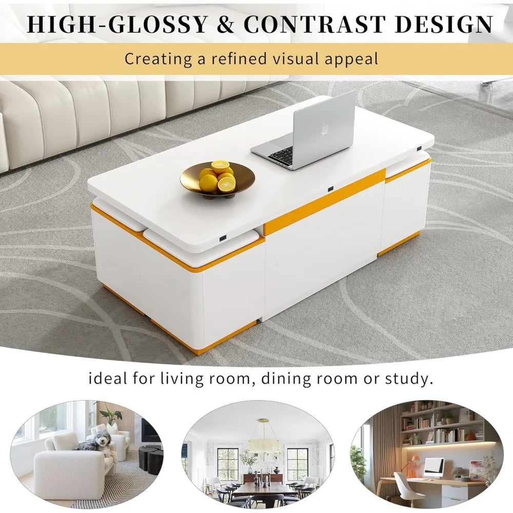 Customized.3 in 1 Lift-Top Coffee Table with 4 Storage Stools, Modern 47.2" Center Table with Foldable Top, Multi-Functional Adj