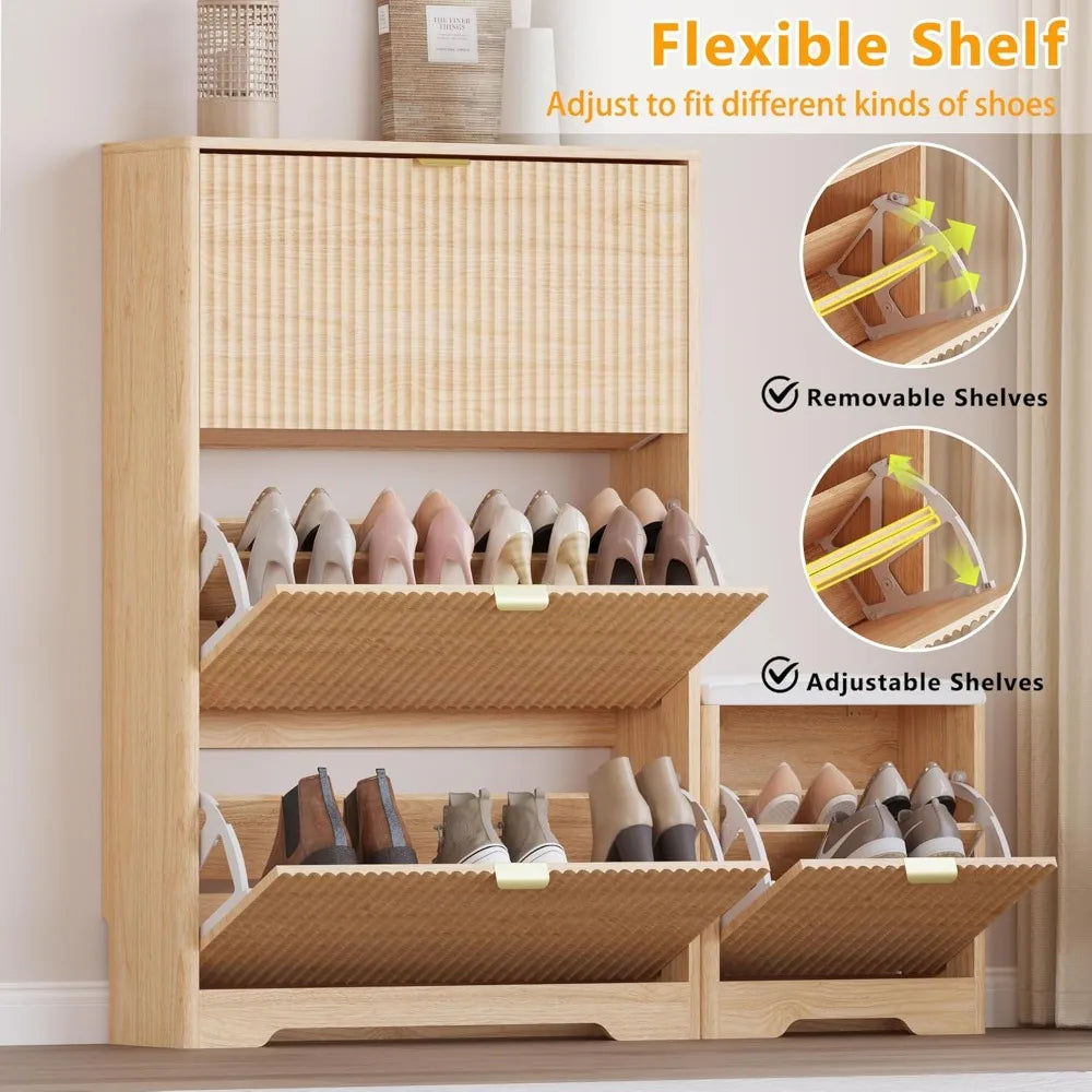 slim shoe cabinet with bench for entryway, hidden storage and adjustable shelves, free standing wooden shoes organizer for foyer