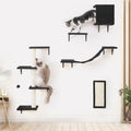 Wall-Mounted Cat Furniture Set - 5pcs Shelves with House, Bridge, Tree, Steps, Scratcher in Black