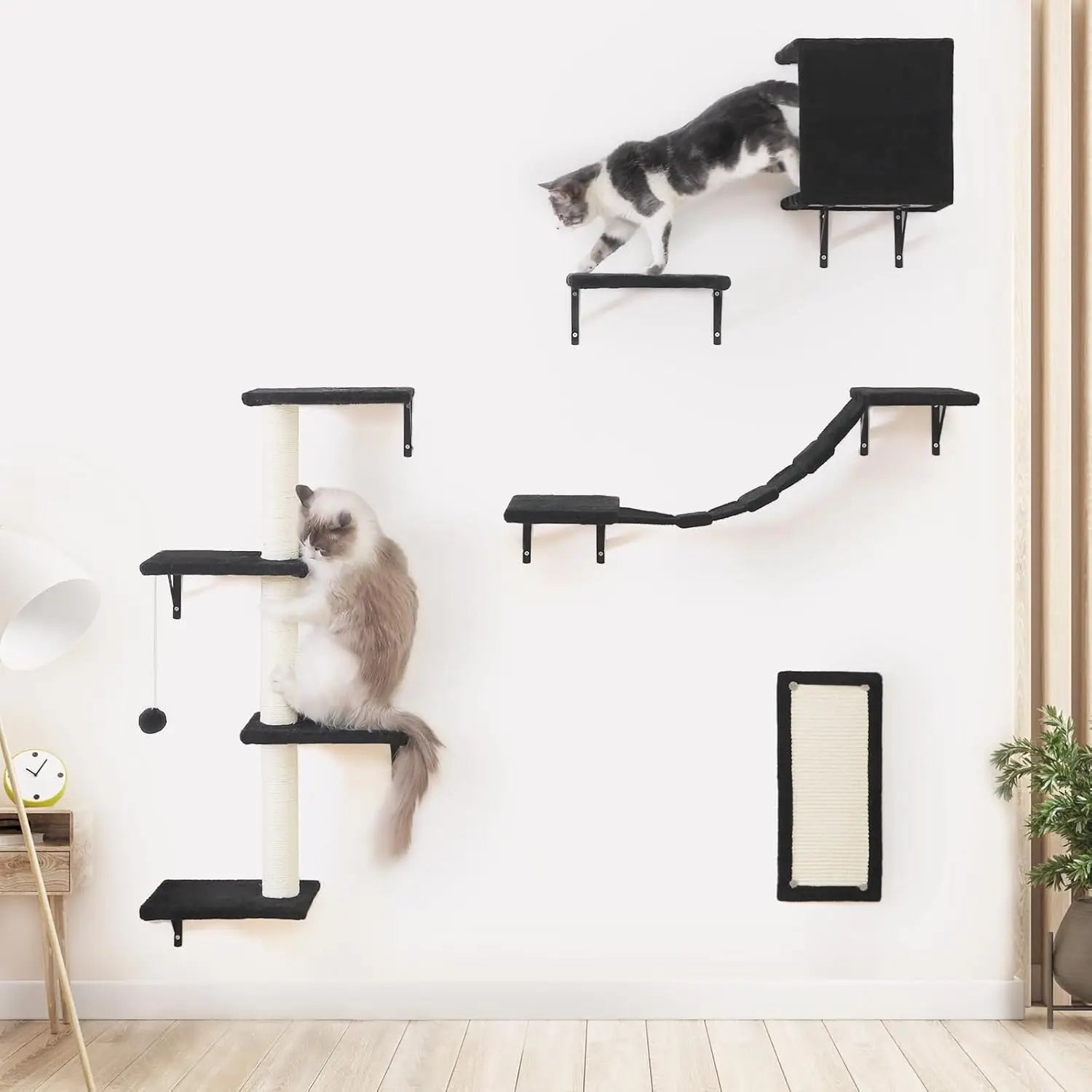 Wall-Mounted Cat Furniture Set - 5pcs Shelves with House, Bridge, Tree, Steps, Scratcher in Black