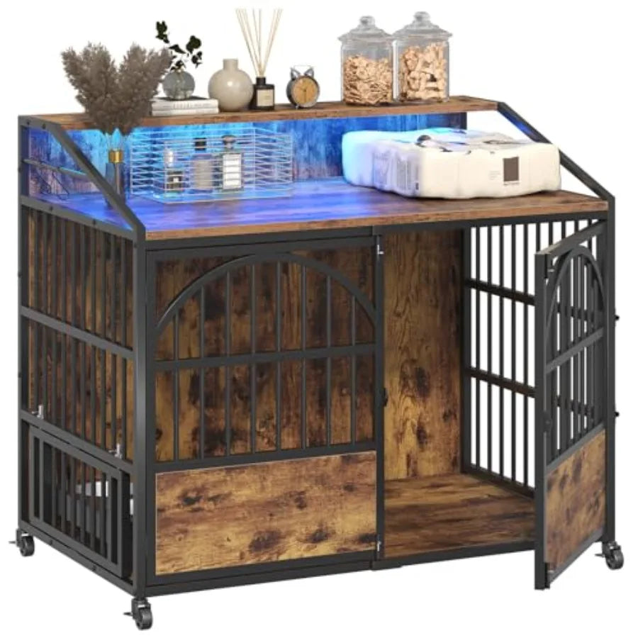 44 Inch Heavy Duty Dog Crate Furniture with 3 Doors Wood Finish Pet Cage for Large/Medium/Small Dogs 360 Stainless Steel Bowls