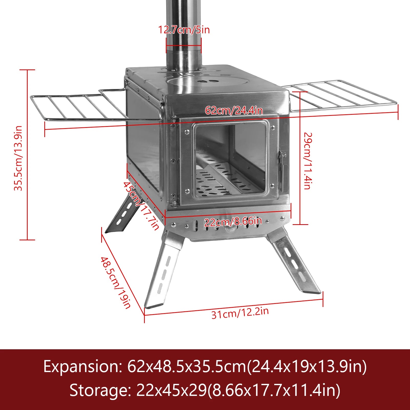 Large Tent Stove with Chimney Pipe Stainless Steel Firebox Rust Proof Outdoor Camping Wood-Burning Stove w/ Dual Glass Windows