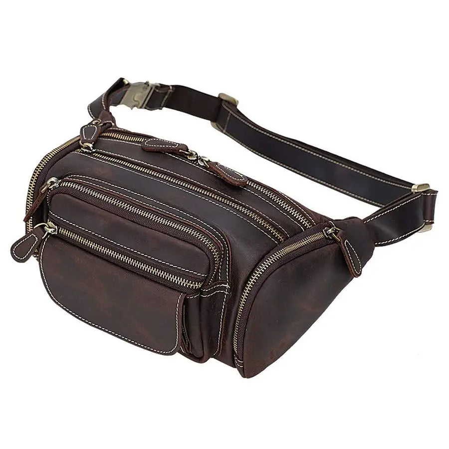 Genuine Leather Fanny Pack for Men Multifunction Waist Bag Outdoor Travel Camping Crossbody Bag