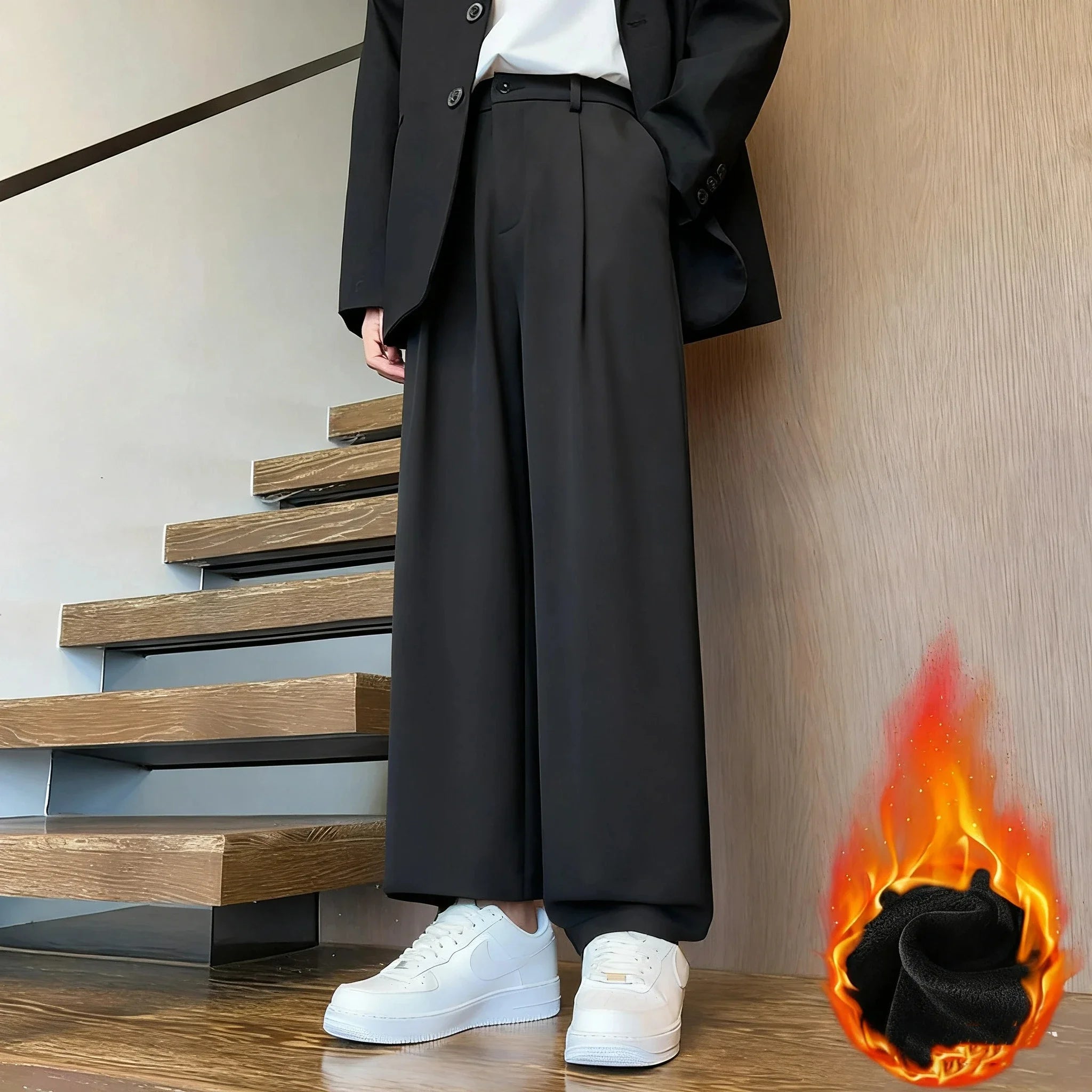 Men Autumn Winter Fleece Lined Trousers High Waisted Flannel Pants American Style Straight Wide Leg Bootcut Draping Men Pants