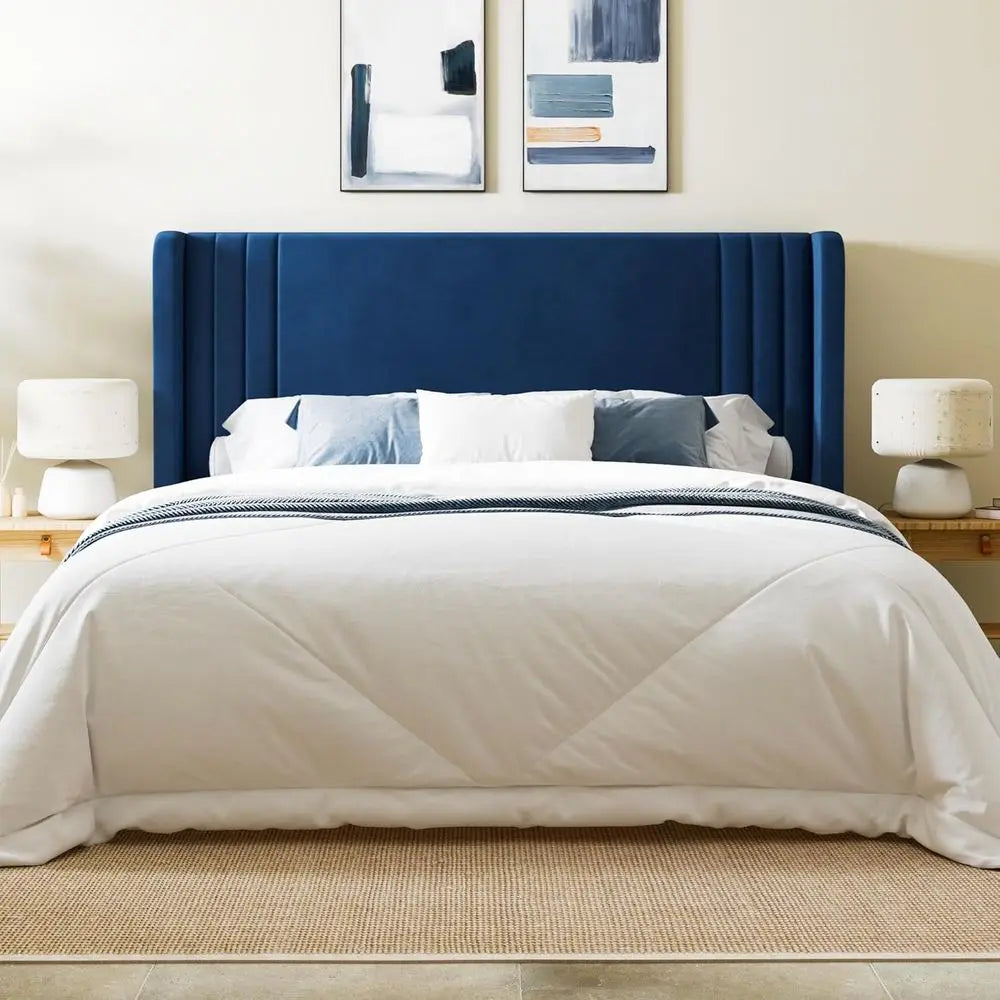 Modern Blue Velvet Queen Bed Frame with Wingback Headboard, Easy Assembly, Storage Space, No Box Spring Needed