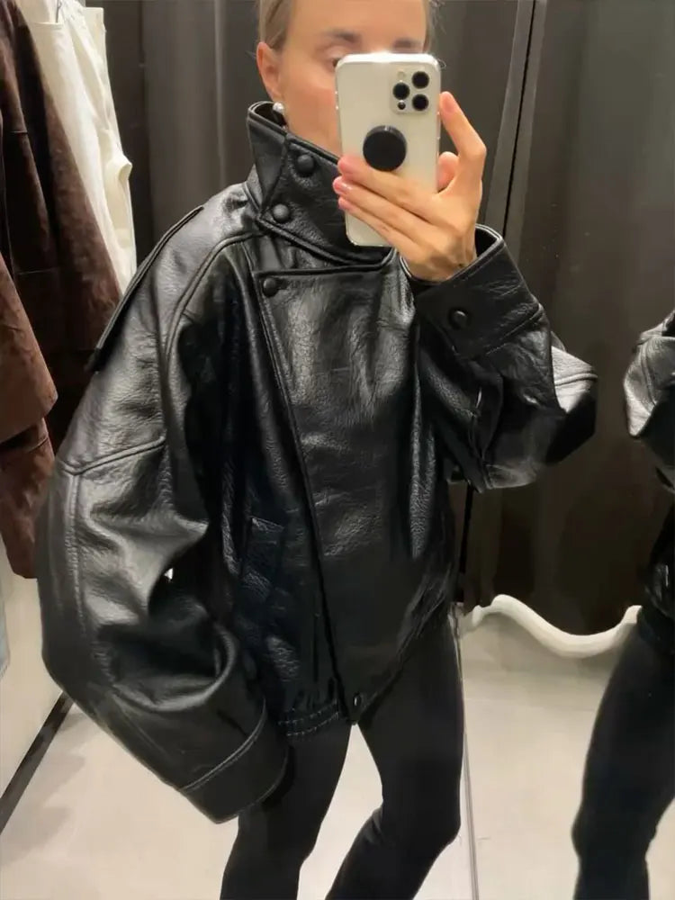 Autumn Faux Leather Jacket For Women Casual Solid Long Sleeve Zipper Pu Leather Coats New Fashion Female Streetwear