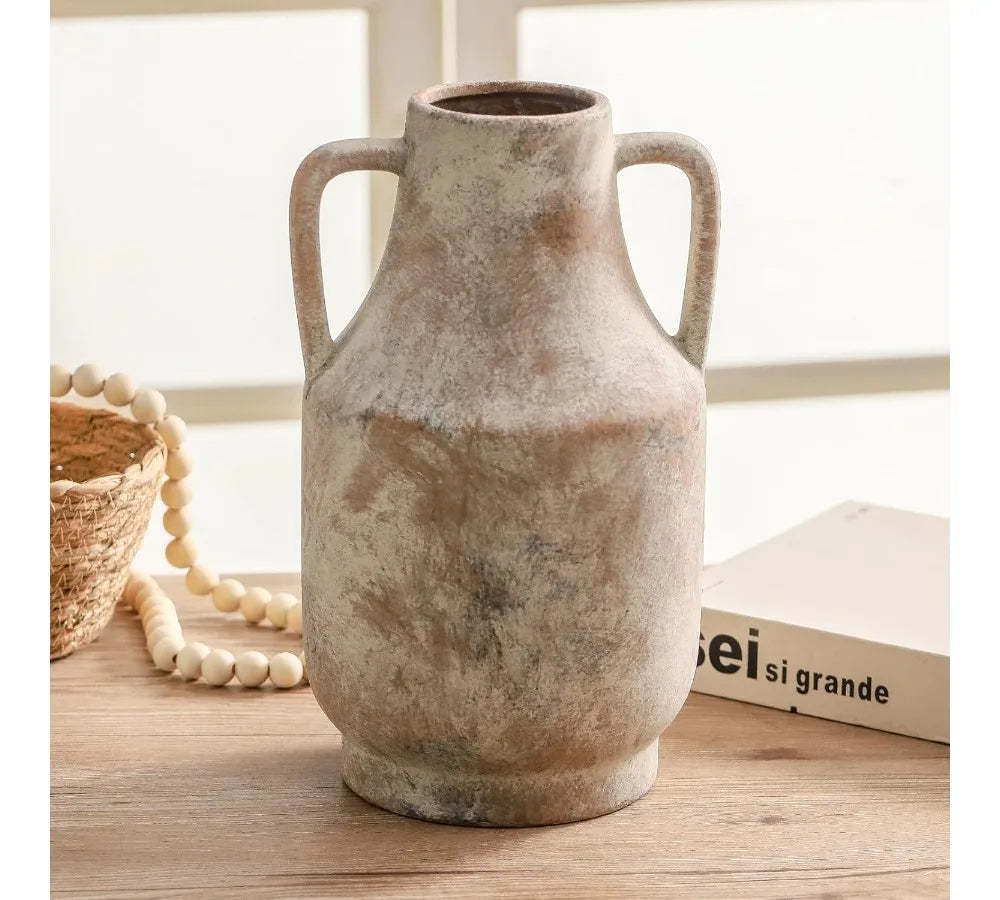 11 Inch Handcrafted Ceramic Flower Vase with Handles, Rustic Farmhouse Centerpiece for Home Decor Living Room Table