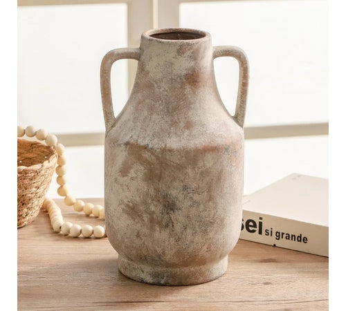11 Inch Handcrafted Ceramic Flower Vase with Handles, Rustic Farmhouse Centerpiece for Home Decor Living Room Table