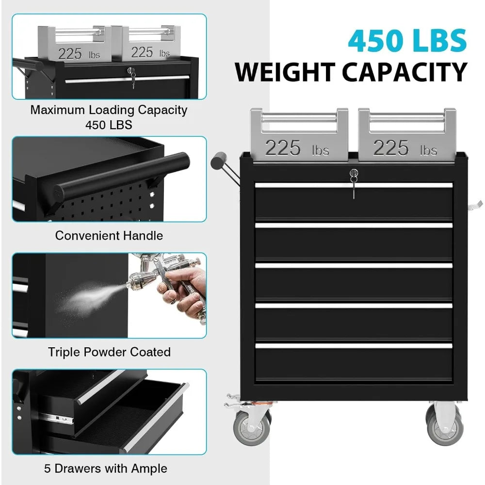 5 Drawers Metal Rolling Tool Chest, Portable Storage Tool Box with Wheels, Toolbox with Lock for Warehouse,Customized