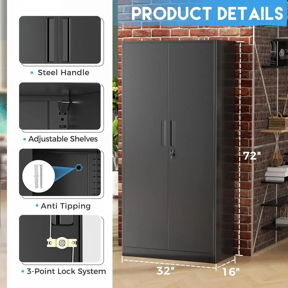 72 Tall Black Metal Lockable Storage Cabinet with Doors and Shelves for Garage, Home, or Office
