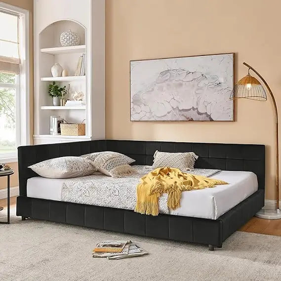 SOFTSEA Queen Size Upholstered Corner Daybed, Modern L-Shaped Daybed with Tufted Backrest, Velvet Corner Bed Floor Bed Frame wit
