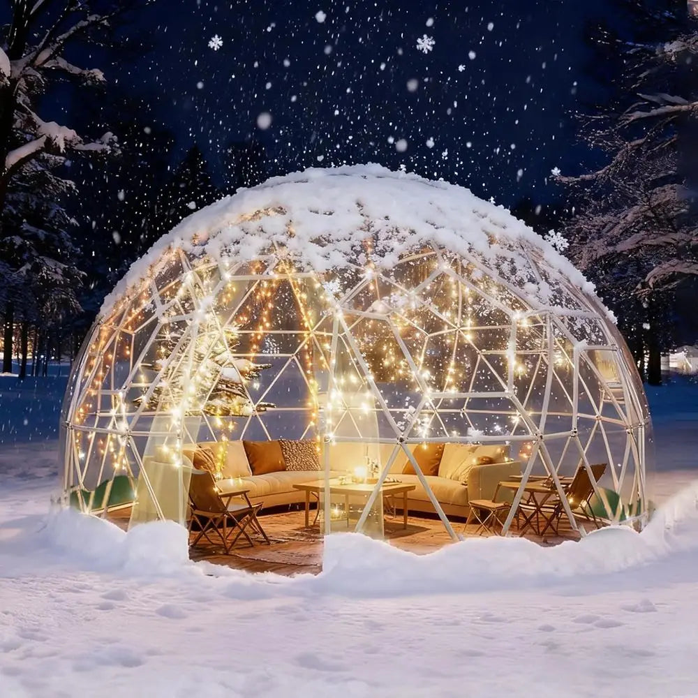 12-Foot Geodesic PVC Dome Tent, Waterproof Outdoor Bubble House with 2 10M Light Strings for Garden, Patio, Events