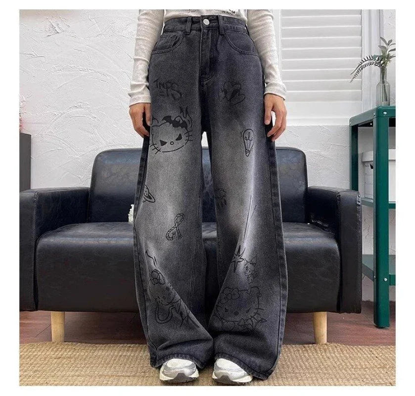 Vintage Cartoon Cute Scrawl Y2k Jeans American High Street All-match Pants for Women 2024 Spring Summer New Jeans Women