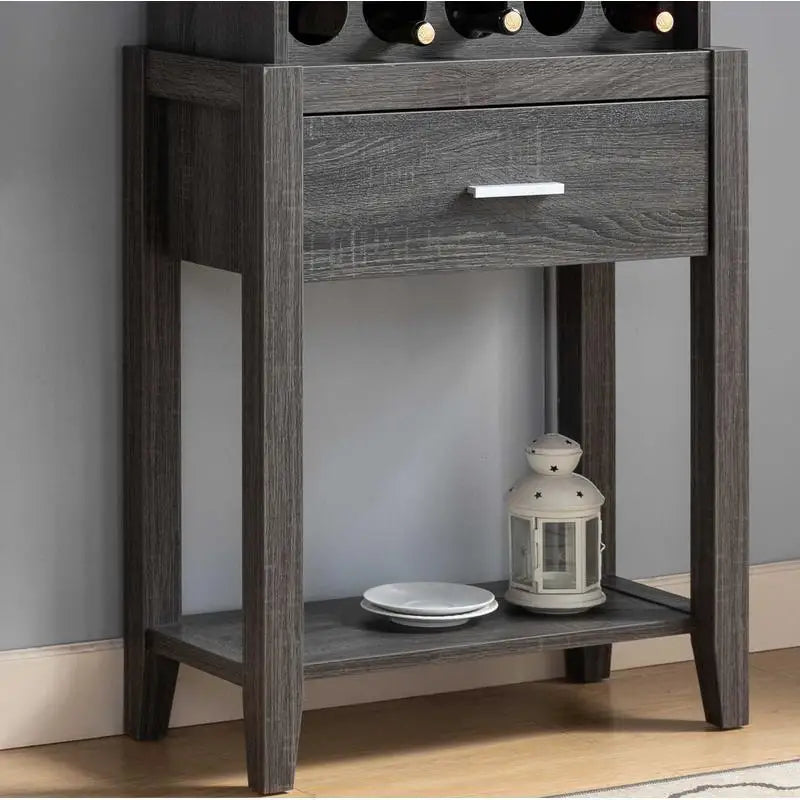 Distressed Grey Wine Bar Cabinet with Drawer & Open Shelves for Kitchen Storage