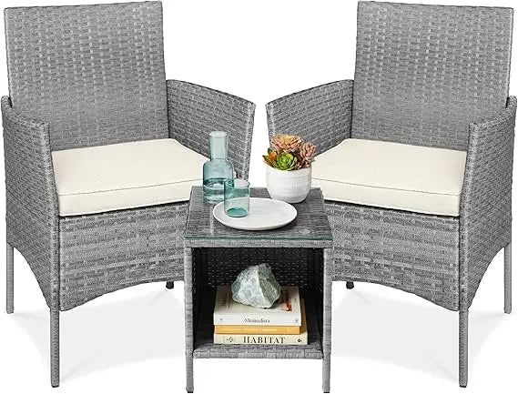 3-Piece Outdoor Wicker Conversation Bistro Set, Space Saving Patio Furniture for Garden w/Side Table - Gray/Navy