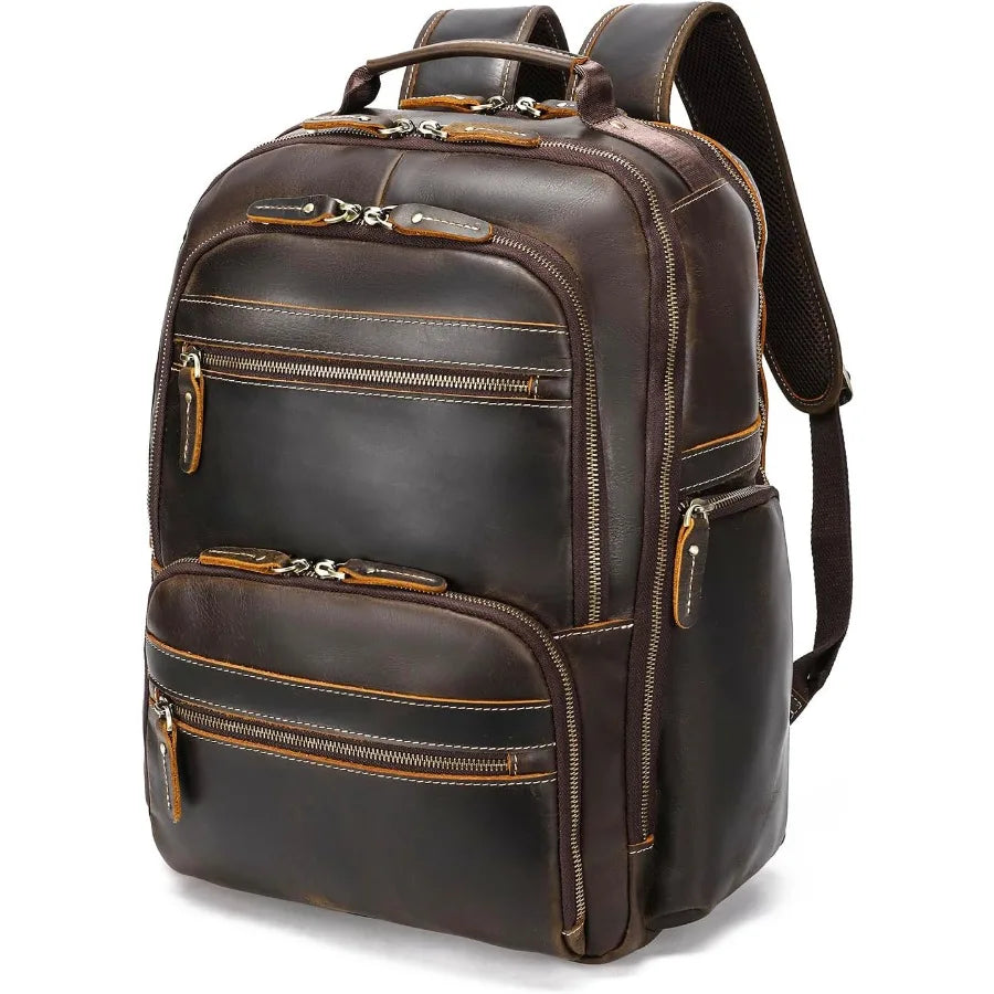 LANNSYNE Vintage Mens Full Grain Leather Backpack Fits 17.3 Inch Laptop Large Casual Rucksack Shoulder Bag For Travel/Camping/H