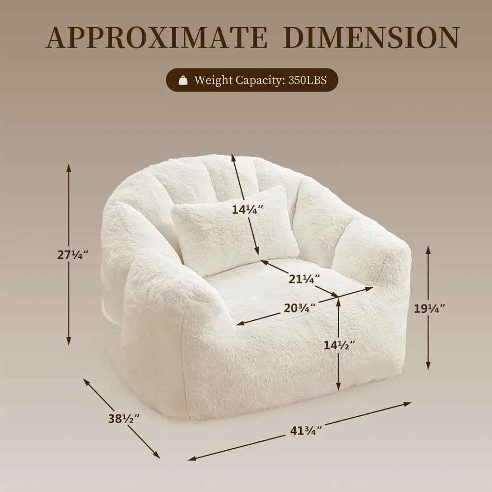 Oversized Bean Bag Chair with Pillow for Adults - Comfy Fluffy Faux Rabbit Fur Lazy Floor Sofa, Lounge Boneless Accent
