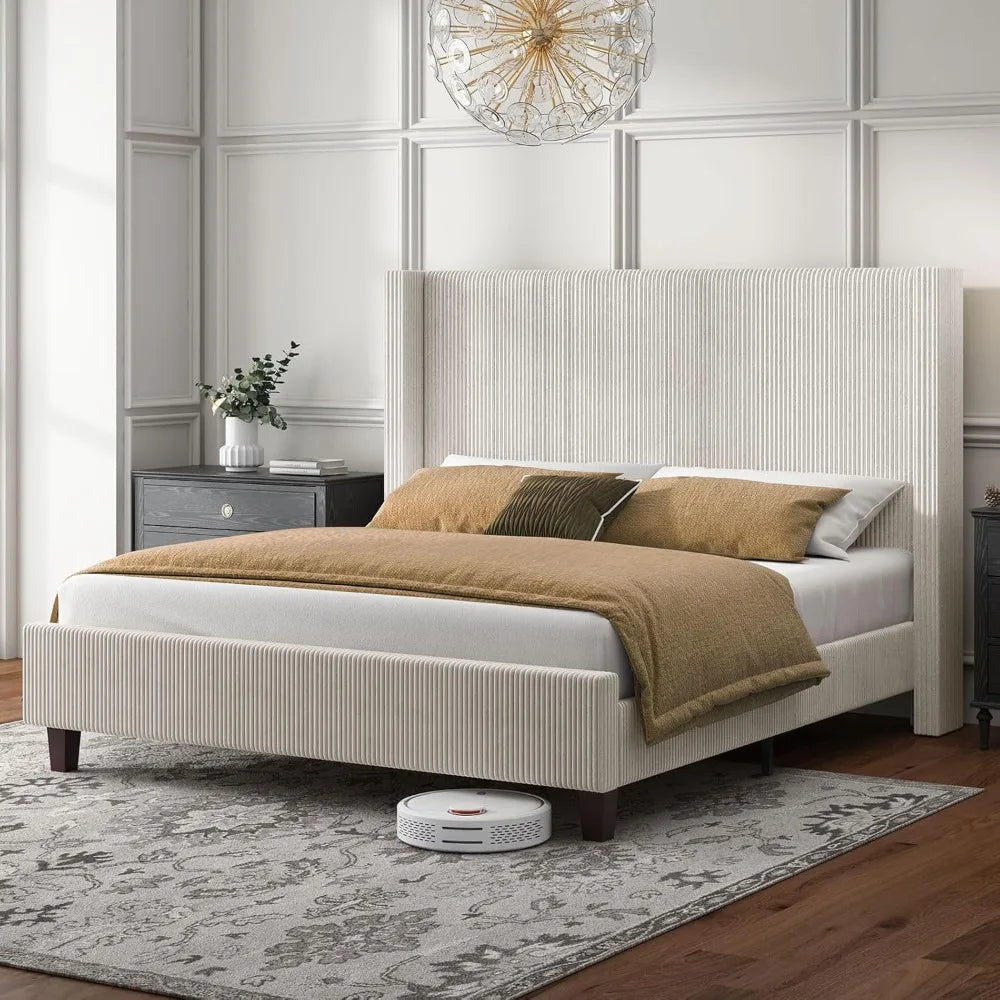 King Size Upholstered Platform Bed Frame, Wingback Bed with 50.8 Headboard, Corduroy/Solid Wood Leg/No Box Spring Needed/No