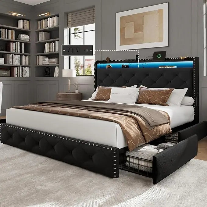 Queen LED Bed Frame with Storage Headboard and USB Charging Station, Velvet Upholstered Platform Bed Frame with 4 ，Customized