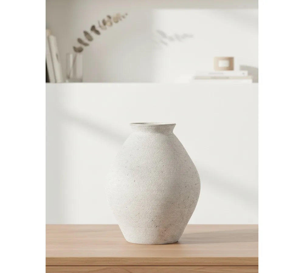 Modern Distressed Polyresin Vase, Antique Tan, Ribbed Texture for Home Decor Centerpiece