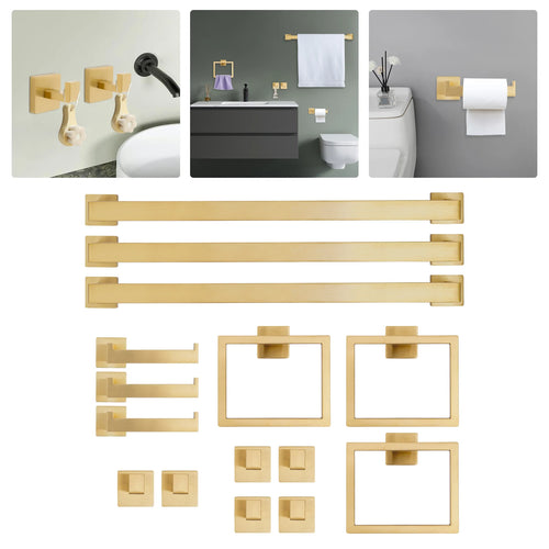 201 Stainless Steel Bathroom Towel Bar Set, Complete 15-Piece Set,3 Towel Bars + 3 Rings + 3 Toilet Paper Holders + 6 Hooks