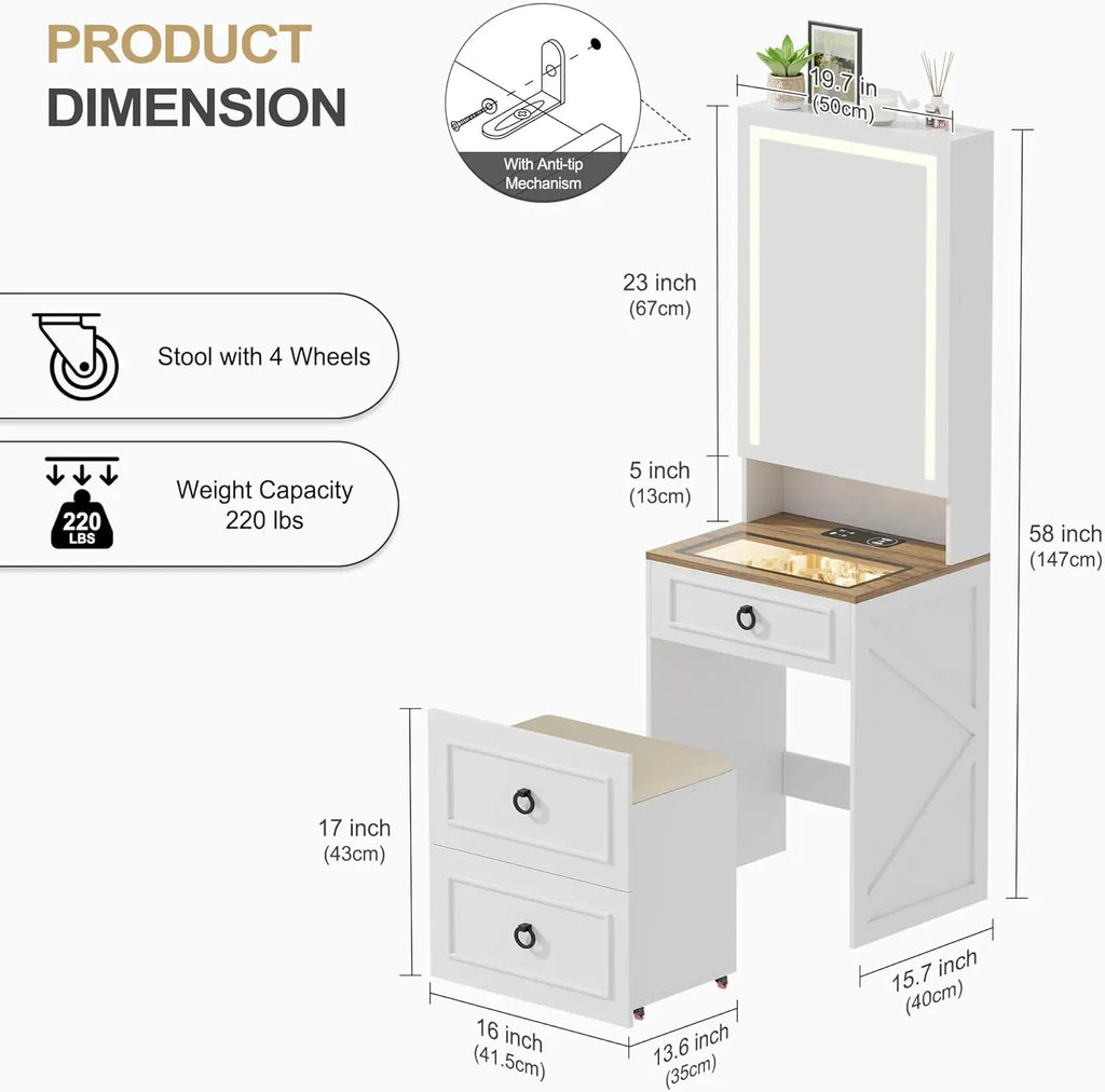 3-in-1 Vanity Desk with Mirror and Lights, Small Compact Makeup Vanity Set with Hidden Storage Stool, Glass Top Dressing Table