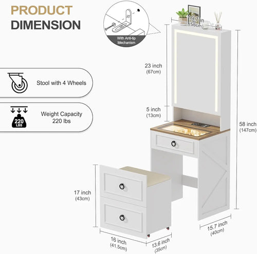 3-in-1 Vanity Desk with Mirror and Lights, Small Compact Makeup Vanity Set with Hidden Storage Stool, Glass Top Dressing Table