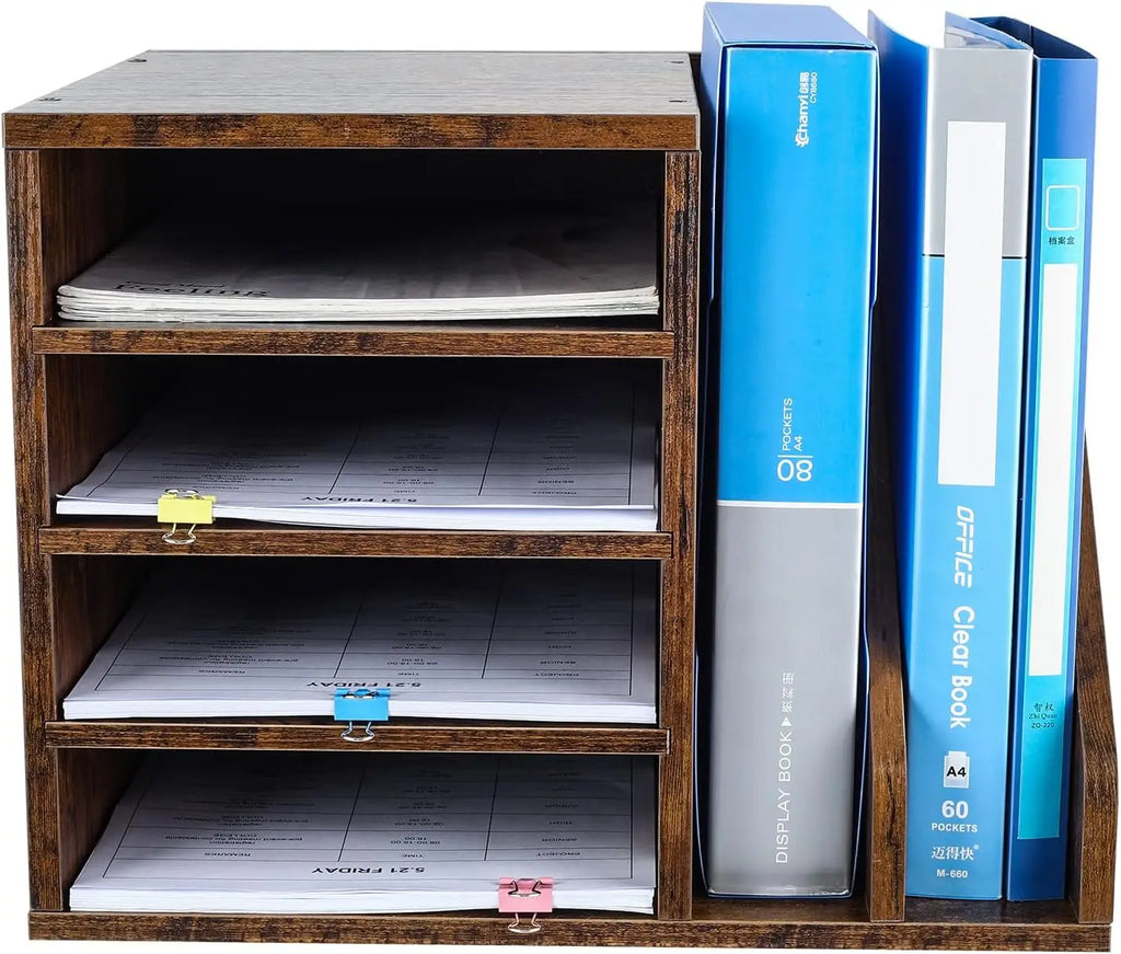Wooden Desktop File Holder Organizer with Adjustable Compartments for Office Supplies, Brown