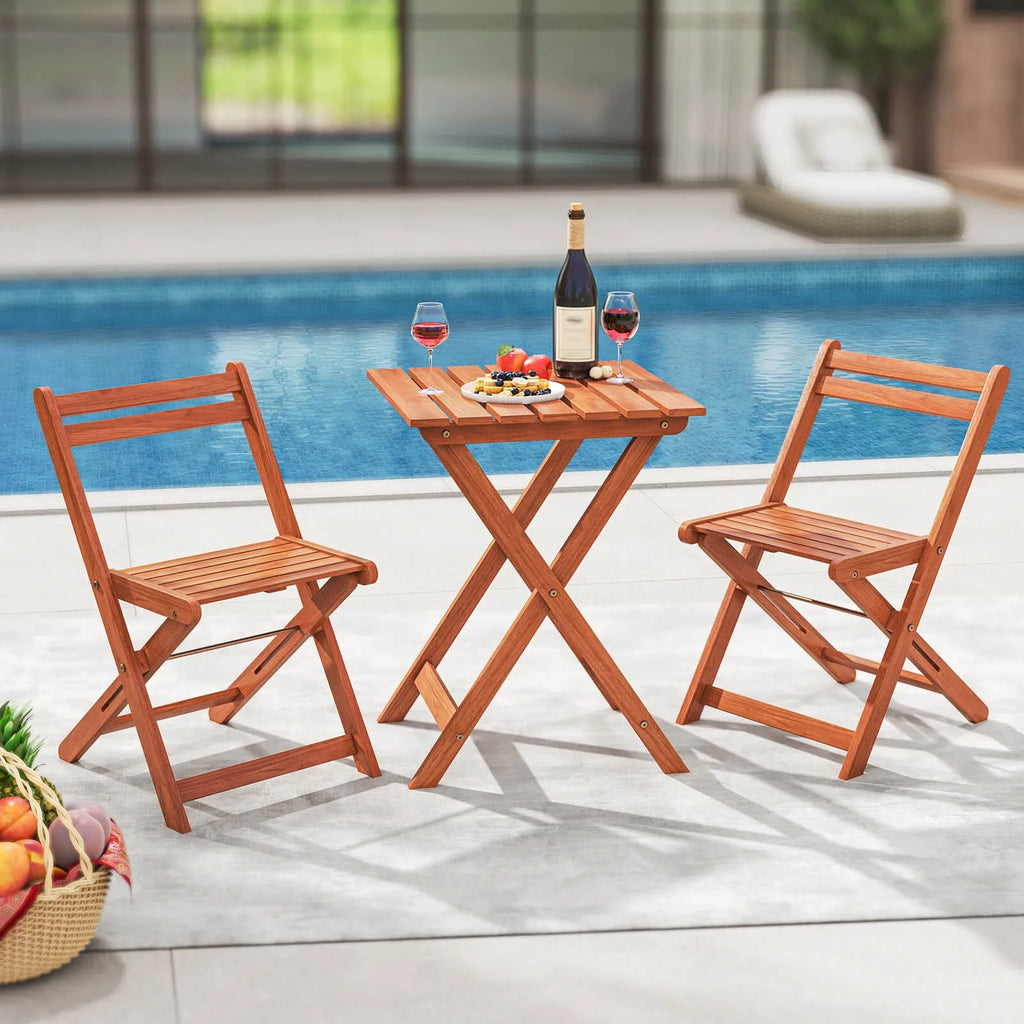 3 PCS Outdoor Wood Bistro Set w/ 2 Folding Chairs & Dining Table for Backyard