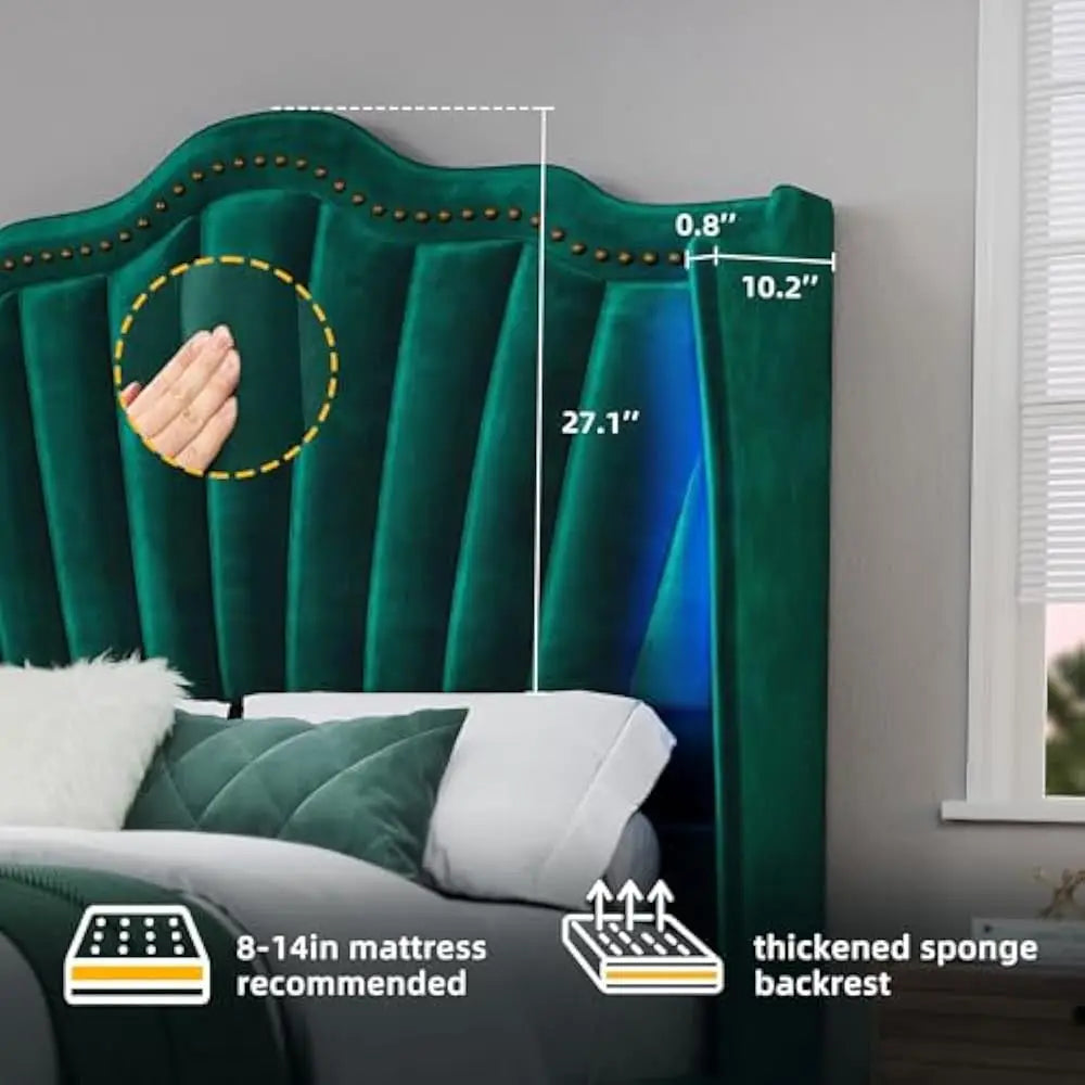 LED Queen Size Platform Bed Frame with 60" Tall Wingback Headboard and Footboard, Velvet Upholstered Bed, No Box Spring Needed