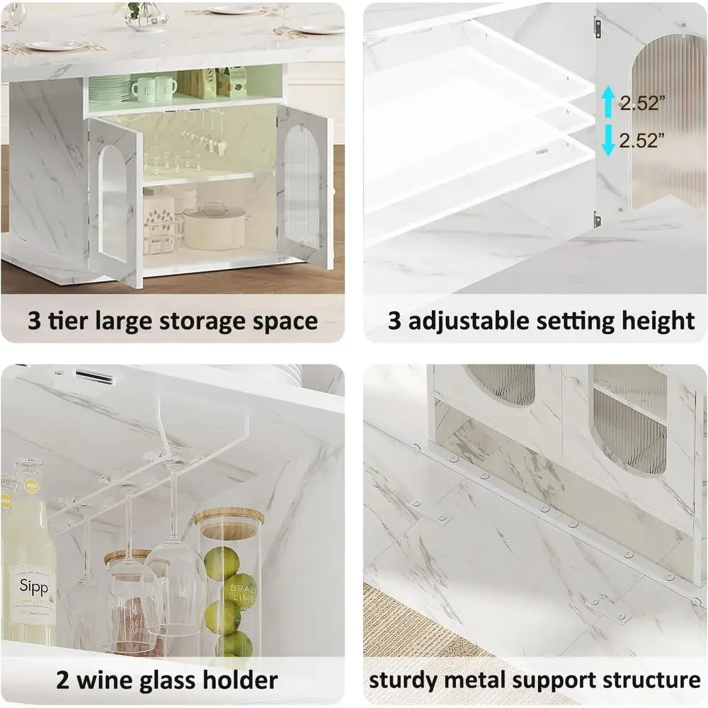 Modern 63 Dining Table for 4-6 with Storage Shelves & Acrylic Door Cabinet, White Marble-Look Rectangular Table for Home