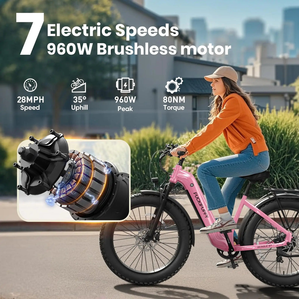 PUCKIPUPPY Beagle ST Electric Bike for Adults 26" Fat Tire Step-Through Electric Mountain Bike Off-Road Ebike 2-Year Warranty