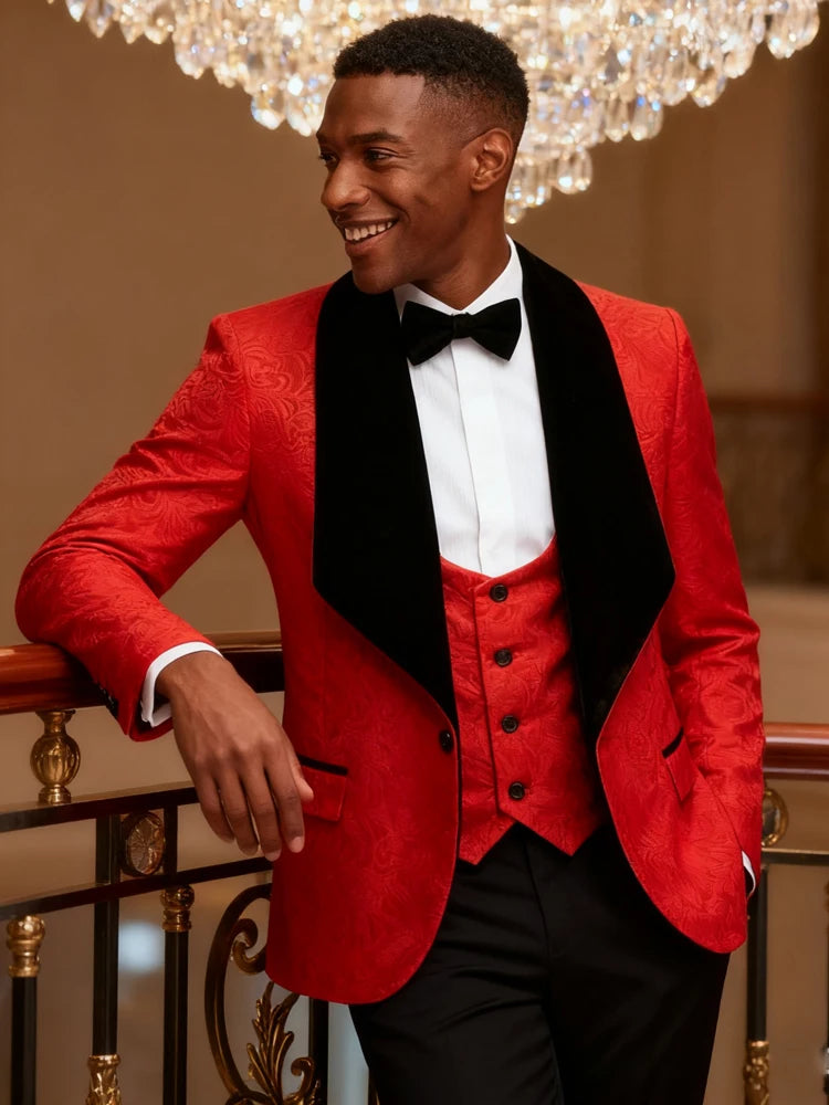 Men's three-piece floral jacquard slim-fitting suit set, including paisley pattern suit jacket, vest, and pants, suitable for ba