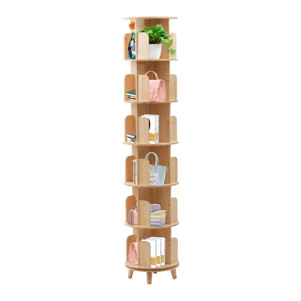 Rotating Bookshelf 6 Tiers Pine Wood 110lbs Load per Layer 0.47in Thick Panels Curved Baffle Reinforced Chassis for Kids Room