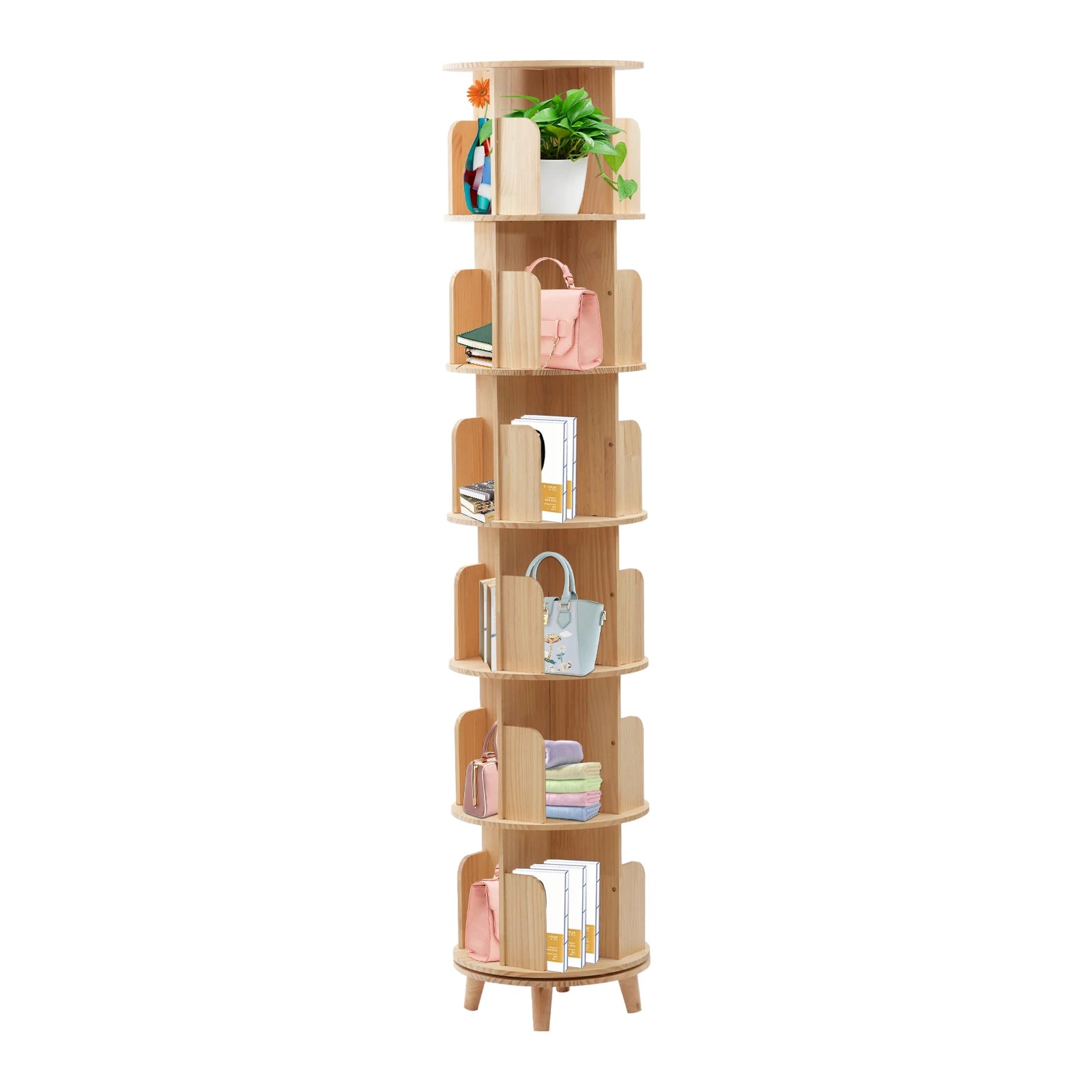 Rotating Bookshelf 6 Tiers Pine Wood 110lbs Load per Layer 0.47in Thick Panels Curved Baffle Reinforced Chassis for Kids Room