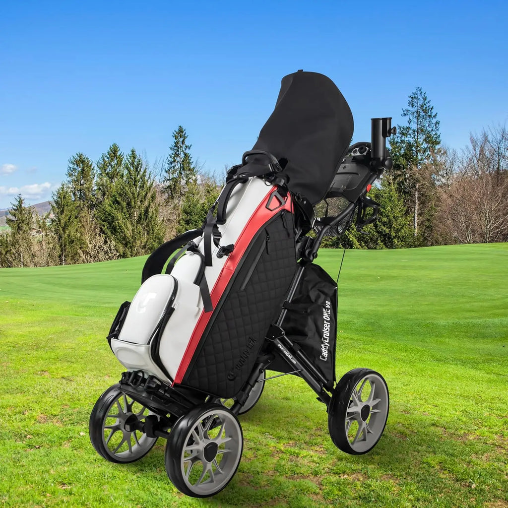 4 Wheel Golf Push Cart - One Click Folding Trolley, Lightweight & Compact Design with Adjustable Handle and Foot Brake