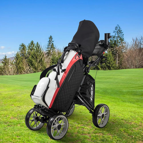4 Wheel Golf Push Cart - One Click Folding Trolley, Lightweight & Compact Design with Adjustable Handle and Foot Brake