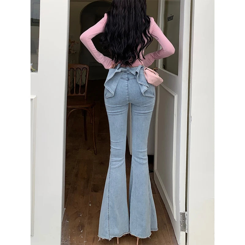 Three-dimensional butterfly jeans with a sense of design, female 2025 summer high waist and slim hip bell bottoms (small)