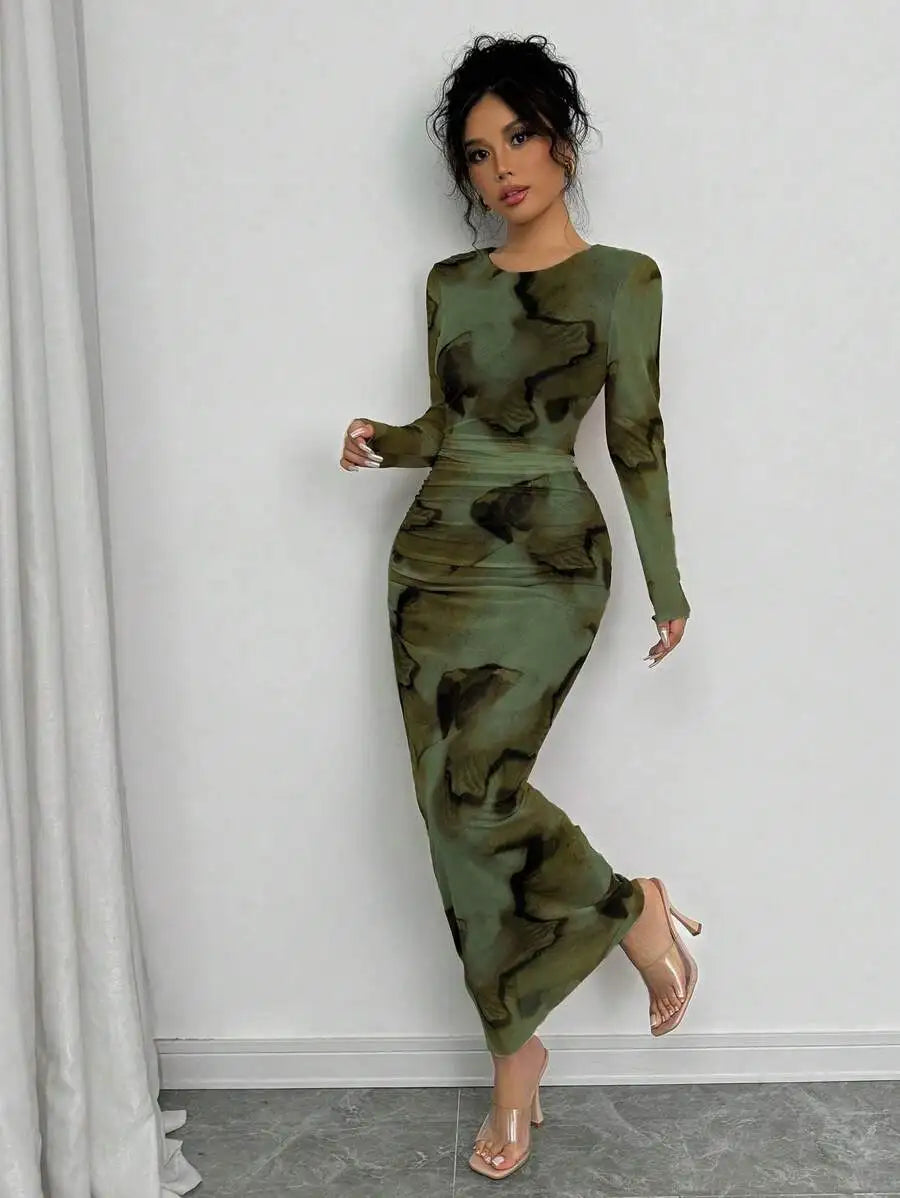 Elenzga Elegant Gradient Long Sleeve Slim Fit Women's Dress Fall Cloth For Women