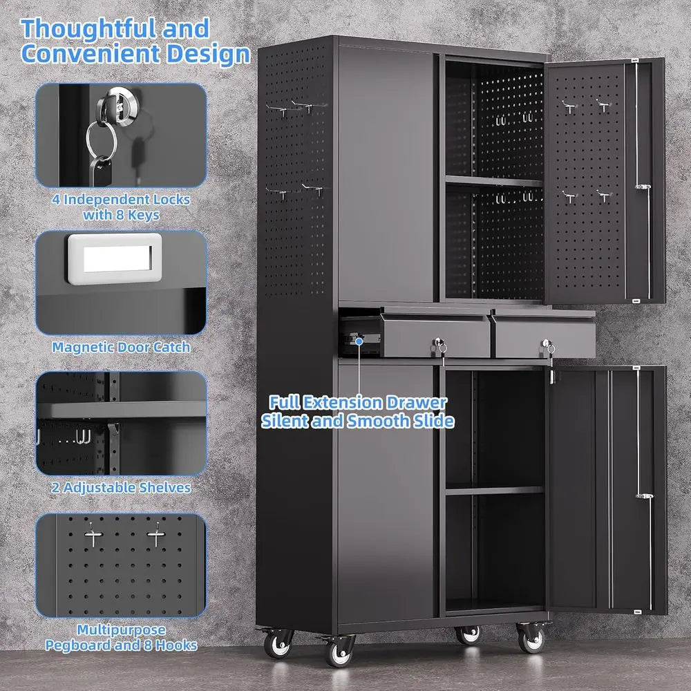 Portable 2-Drawer Metal Storage Cabinet with Adjustable Shelves, Lockable Rolling Tool Chest for Garage and Workshop