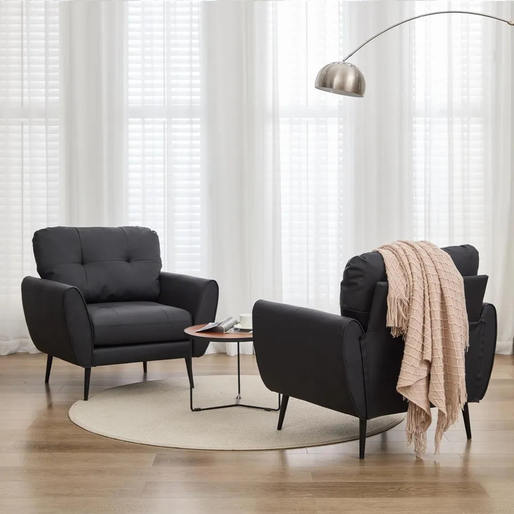 TYBOATLE Accent Chairs Set of 2, Comfy Modern Living Room Chair Black Leather Reading Accent Chairs Tufted Mid Century Arm Chair