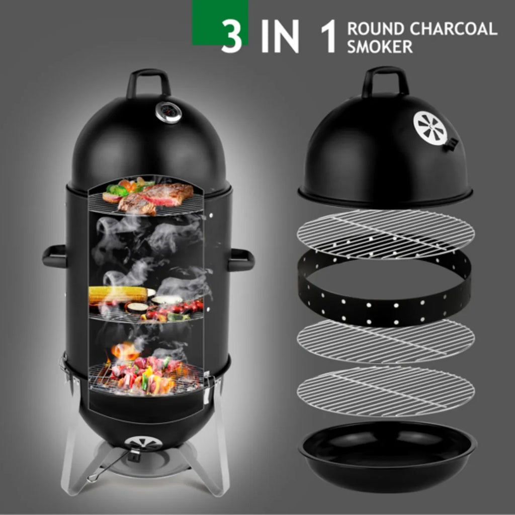 Vertical Steel Charcoal Smoker, Heavy Duty Three Layer Round BBQ Grill Smokey Mountain Cooker for Outdoor Cooking