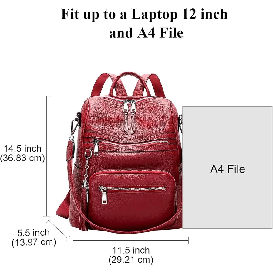 ALTOSY Genuine Leather Backpack Purse for Women Large Shoulder Bag With Laptop Compartment Multiple Pockets S106 Red