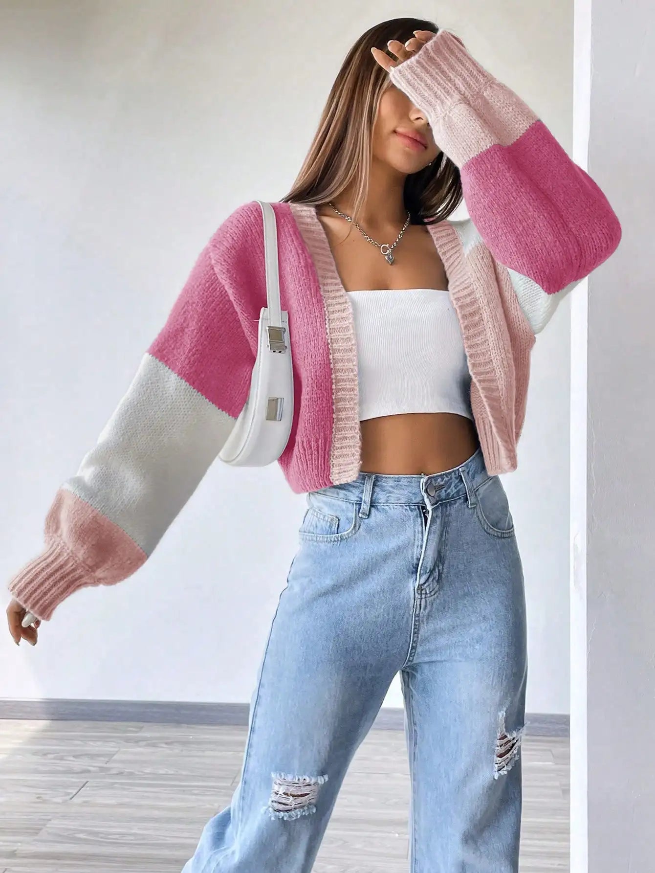 Color Block Drop Shoulder Knit Cardigan for Women, Long Sleeve Fall Winter Casual Top
