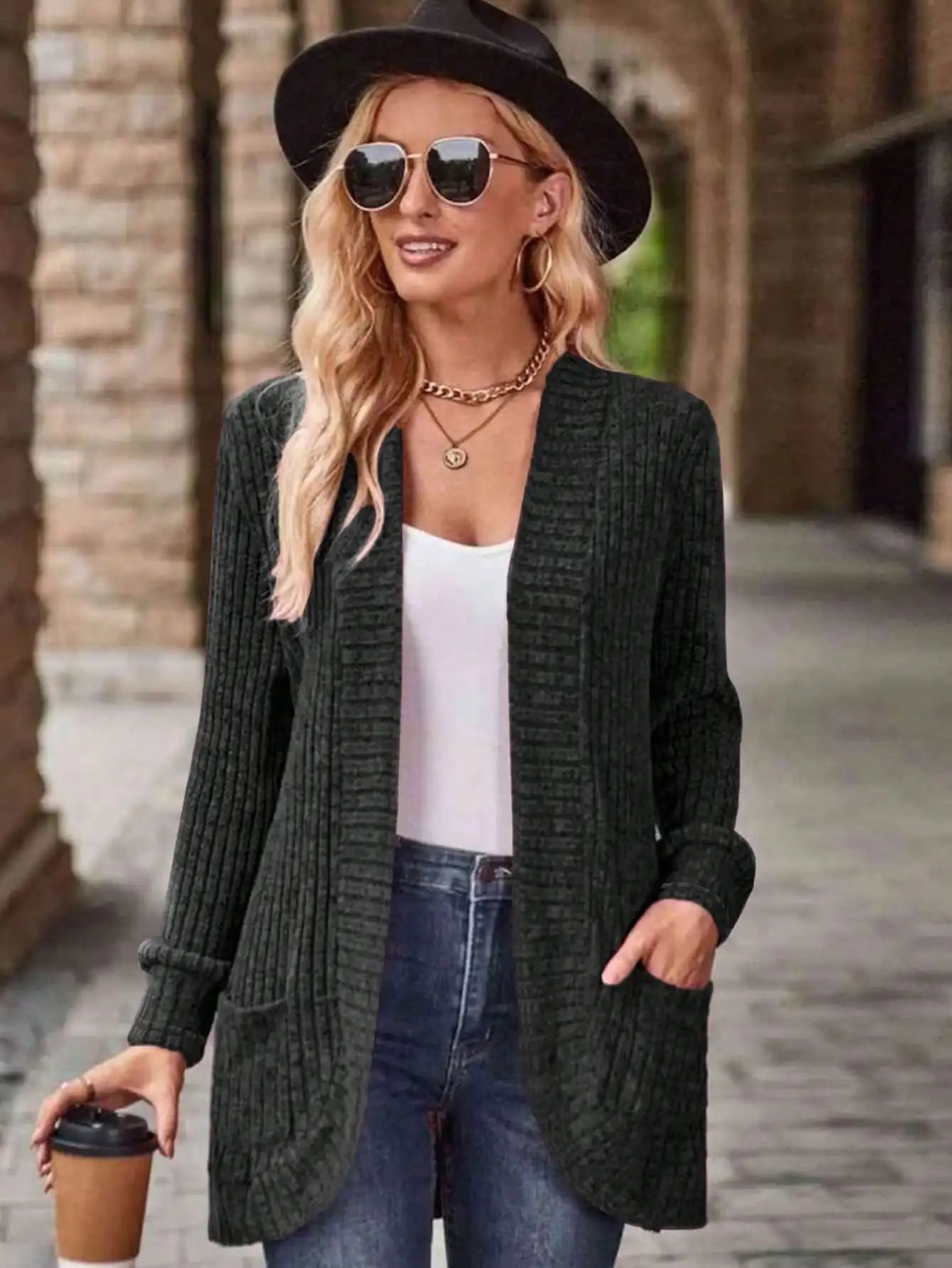 Women's Chunky Knit Long Sleeve Solid Color Double Pocket Regular Fit Casual Outerwear Fall Winter Cloth For Women