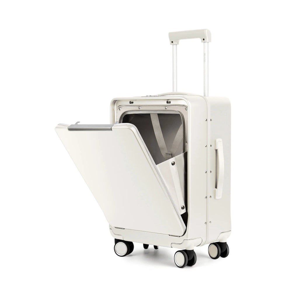 Aluminum Frame Suitcase Front Opening Rolling Travel Luggage Lightweight 20 Inch Carry-On Suitcase with Cup Holder & Side Hooks