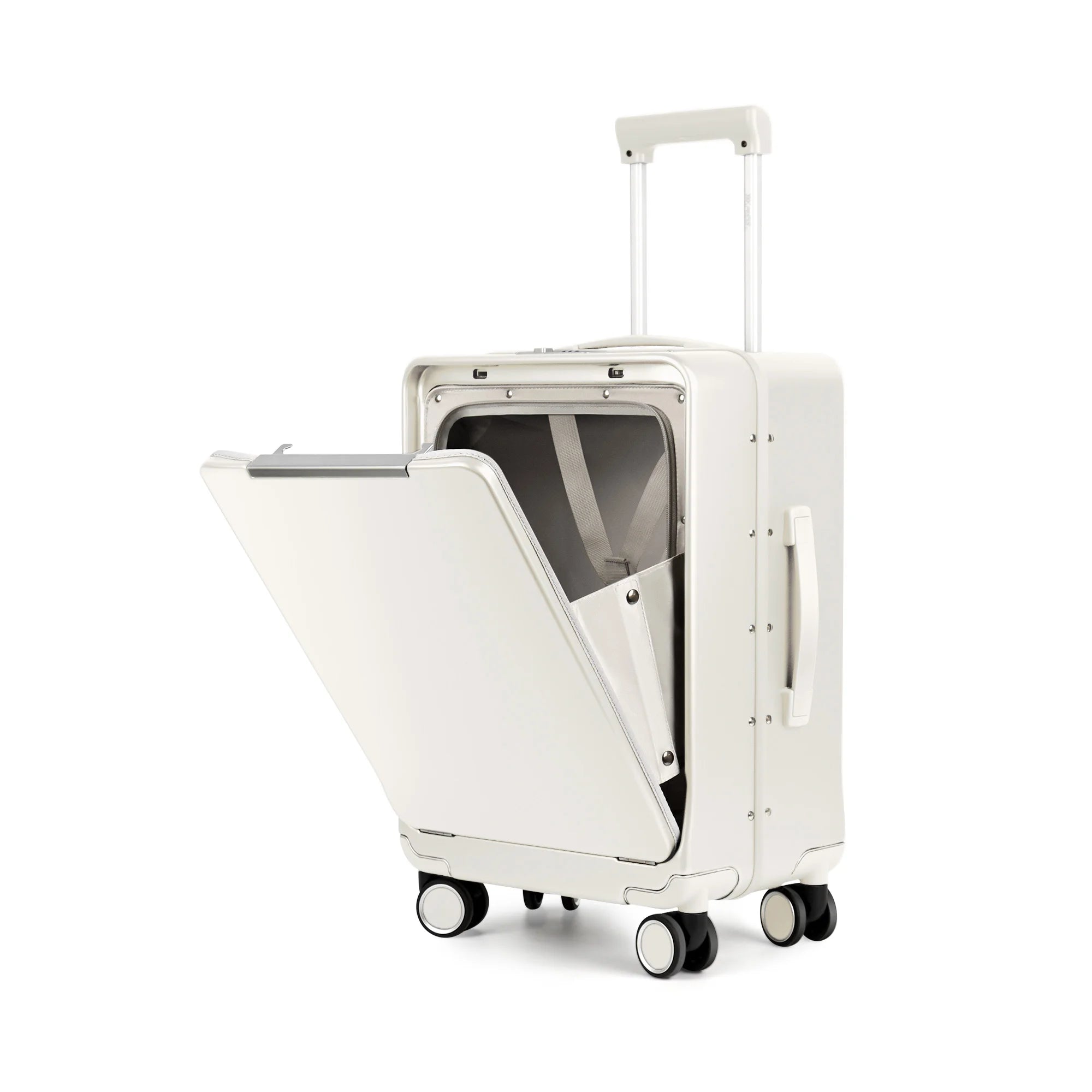Aluminum Frame Suitcase Front Opening Rolling Travel Luggage Lightweight 20 Inch Carry-On Suitcase with Cup Holder & Side Hooks
