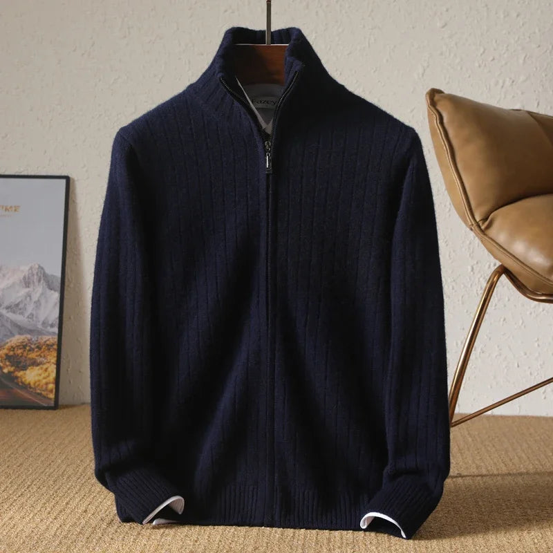Men 100% Merino Wool Stand-Up Collar Cardigan Casual Knit Business Zipper Coat Autumn Winter Versatile Warm Men Cashmere Jacket