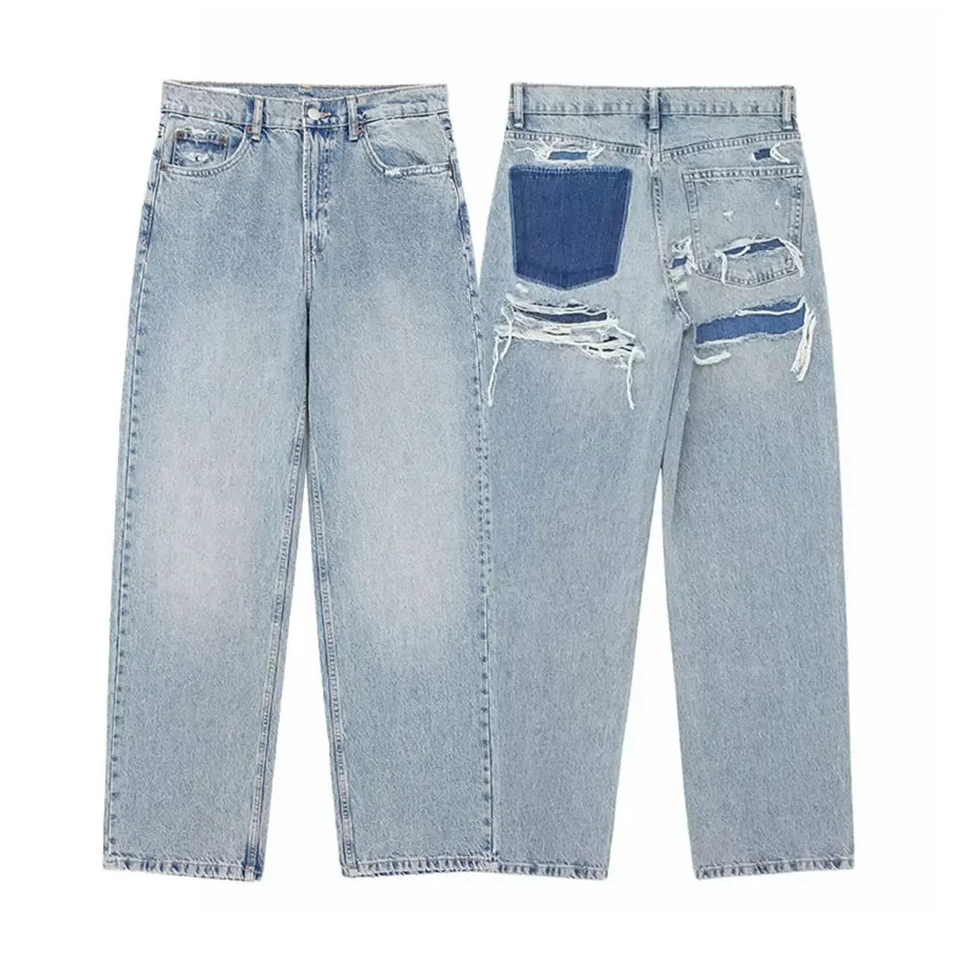 HH 2024 Vintage Denim Jeans For Women 2 Colors High Waist Zipper Fly Ripped Distressed Patchwork Causal Straight Trousers